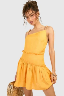 Skater Dresses*boohoo Linen Look Beaded Mini Dress orange