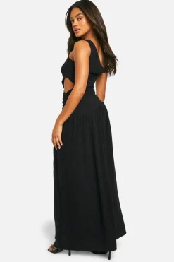 Cami Dresses*boohoo Linen Look Cold Shoulder Cut Out Midaxi Dress black