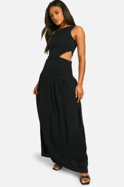 Cami Dresses*boohoo Linen Look Cold Shoulder Cut Out Midaxi Dress black