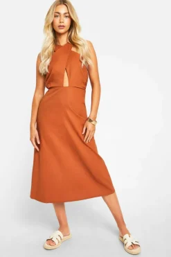 Midi Dresses*boohoo Linen Look Cross Over Midi Dress terracotta