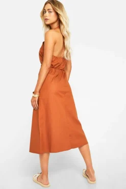 Midi Dresses*boohoo Linen Look Cross Over Midi Dress terracotta