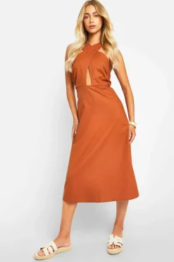 Midi Dresses*boohoo Linen Look Cross Over Midi Dress terracotta