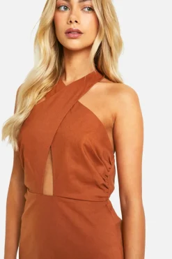 Midi Dresses*boohoo Linen Look Cross Over Midi Dress terracotta