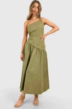 Skater Dresses*boohoo Linen Look Cut Out Asymmetric Midaxi Dress olive