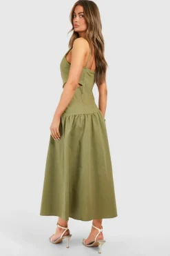 Skater Dresses*boohoo Linen Look Cut Out Asymmetric Midaxi Dress olive