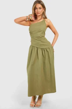 Skater Dresses*boohoo Linen Look Cut Out Asymmetric Midaxi Dress olive