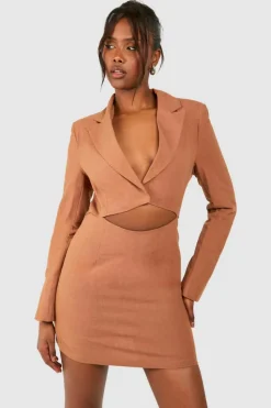 Blazer Dresses|Suits & Tailoring*boohoo Linen Look Cut Out Blazer Dress chocolate