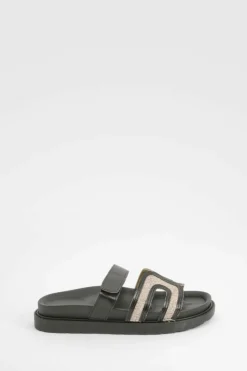 Sandals*boohoo Linen Look Cut Out Detail Sandals black