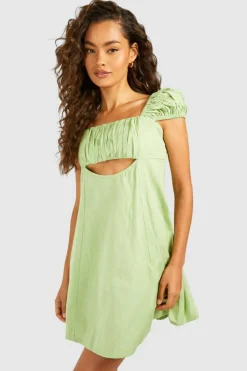 Bodycon Dresses*boohoo Linen Look Cut Out Puff Sleeve Mini Dress khaki