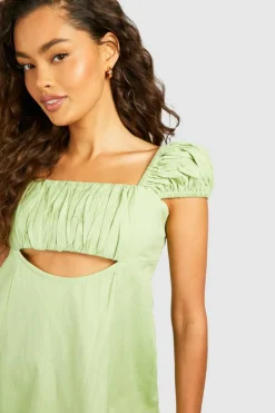 Bodycon Dresses*boohoo Linen Look Cut Out Puff Sleeve Mini Dress khaki