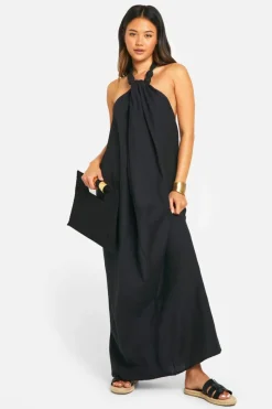 Smock Dresses*boohoo Linen Look Maxi Dress black