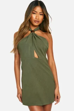 Cami Dresses*boohoo Linen Look Metal Cut Out Mini Dress khaki