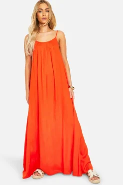 Smock Dresses*boohoo Linen Look Pleated Maxi Dress orange