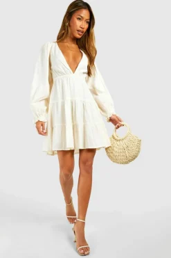 Skater Dresses*boohoo Linen Look Plunge Long Sleeve Tiered Mini Dress stone