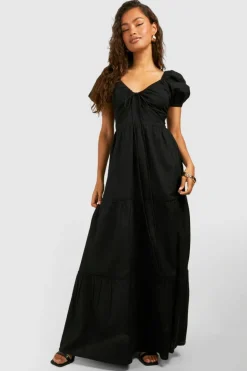 Smock Dresses|Maxi Dresses*boohoo Linen Look Puff Sleeve Maxi Dress black