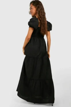 Smock Dresses|Maxi Dresses*boohoo Linen Look Puff Sleeve Maxi Dress black