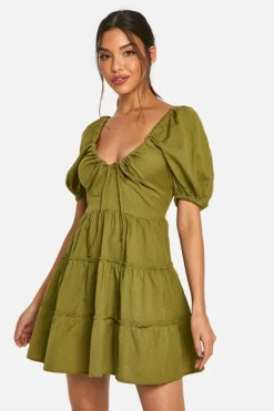 Smock Dresses*boohoo Linen Look Puff Sleeve Mini Dress khaki