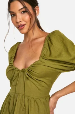 Smock Dresses*boohoo Linen Look Puff Sleeve Mini Dress khaki