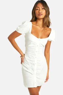 Shirt Dresses*boohoo Linen Look Puff Sleeve Rouche Front cream