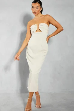 Midi Dresses*MissPap Linen Look Shaped Bust Midi Dress off white