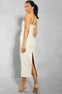 Midi Dresses*MissPap Linen Look Shaped Bust Midi Dress off white