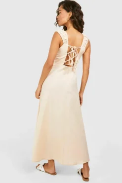 Midi Dresses*boohoo Linen Look Split Midi Dress stone