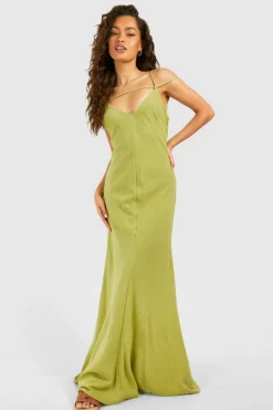 Cami Dresses*boohoo Linen Look Strappy Plunge Maxi Slip Dress olive