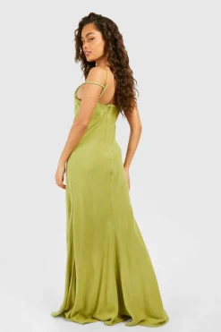 Cami Dresses*boohoo Linen Look Strappy Plunge Maxi Slip Dress olive