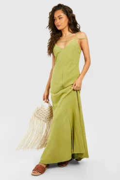 Cami Dresses*boohoo Linen Look Strappy Plunge Maxi Slip Dress olive