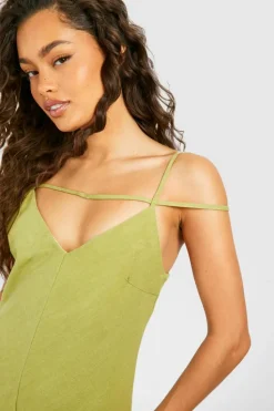 Cami Dresses*boohoo Linen Look Strappy Plunge Maxi Slip Dress olive