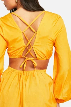 Skater Dresses*boohoo Linen Look Tie Back Mini Dress orange