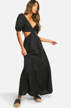 Smock Dresses*boohoo Linen Look Tie Back Puff Sleeve Maxi Dress black