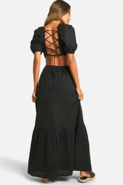 Smock Dresses*boohoo Linen Look Tie Back Puff Sleeve Maxi Dress black