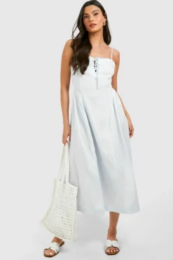 Skater Dresses|Bodycon Dresses*boohoo Linen Look Tie Front Milkmaid Midaxi Dress pale blue