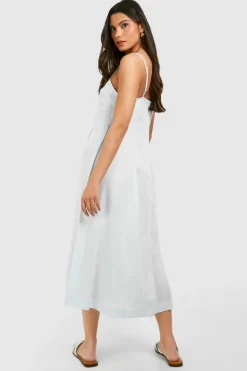 Skater Dresses|Bodycon Dresses*boohoo Linen Look Tie Front Milkmaid Midaxi Dress pale blue