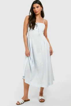 Skater Dresses|Bodycon Dresses*boohoo Linen Look Tie Front Milkmaid Midaxi Dress pale blue