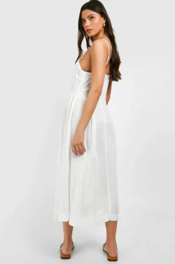Bodycon Dresses|Skater Dresses*boohoo Linen Look Tie Front Milkmaid Midaxi Dress white