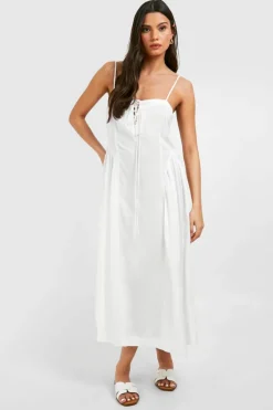 Bodycon Dresses|Skater Dresses*boohoo Linen Look Tie Front Milkmaid Midaxi Dress white