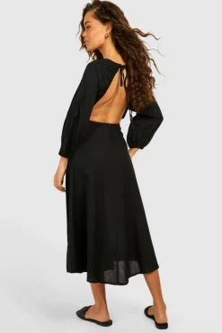 Skater Dresses|Bodycon Dresses*boohoo Linen Look Tie Front Puff Sleeve Midaxi Dress black