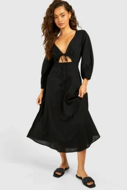 Skater Dresses|Bodycon Dresses*boohoo Linen Look Tie Front Puff Sleeve Midaxi Dress black