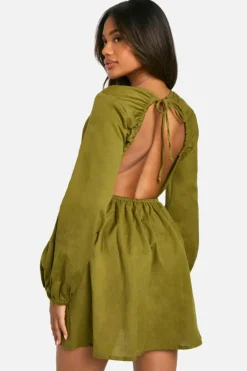 Skater Dresses*boohoo Linen Look Tie Front Puff Sleeve Mini Dress khaki