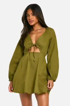 Skater Dresses*boohoo Linen Look Tie Front Puff Sleeve Mini Dress khaki