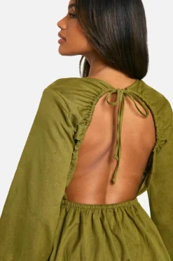 Skater Dresses*boohoo Linen Look Tie Front Puff Sleeve Mini Dress khaki