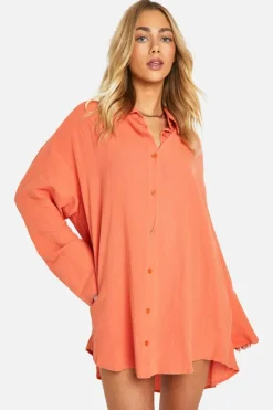 Shirt Dresses*boohoo Linen Look Wide Sleeve Shirt Dress orange