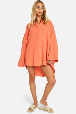 Shirt Dresses*boohoo Linen Look Wide Sleeve Shirt Dress orange
