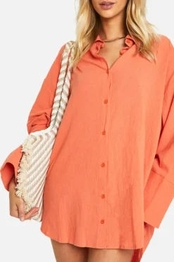 Shirt Dresses*boohoo Linen Look Wide Sleeve Shirt Dress orange