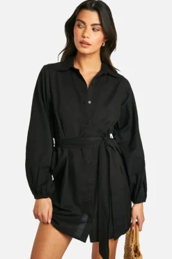 Shirt Dresses|Wrap Dresses*boohoo Linen Look Wrap Shirt Dress black