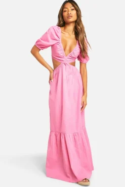 Smock Dresses*boohoo Linen Tie Look Back Puff Sleeve Maxi Dress pink