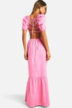 Smock Dresses*boohoo Linen Tie Look Back Puff Sleeve Maxi Dress pink