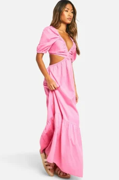 Smock Dresses*boohoo Linen Tie Look Back Puff Sleeve Maxi Dress pink